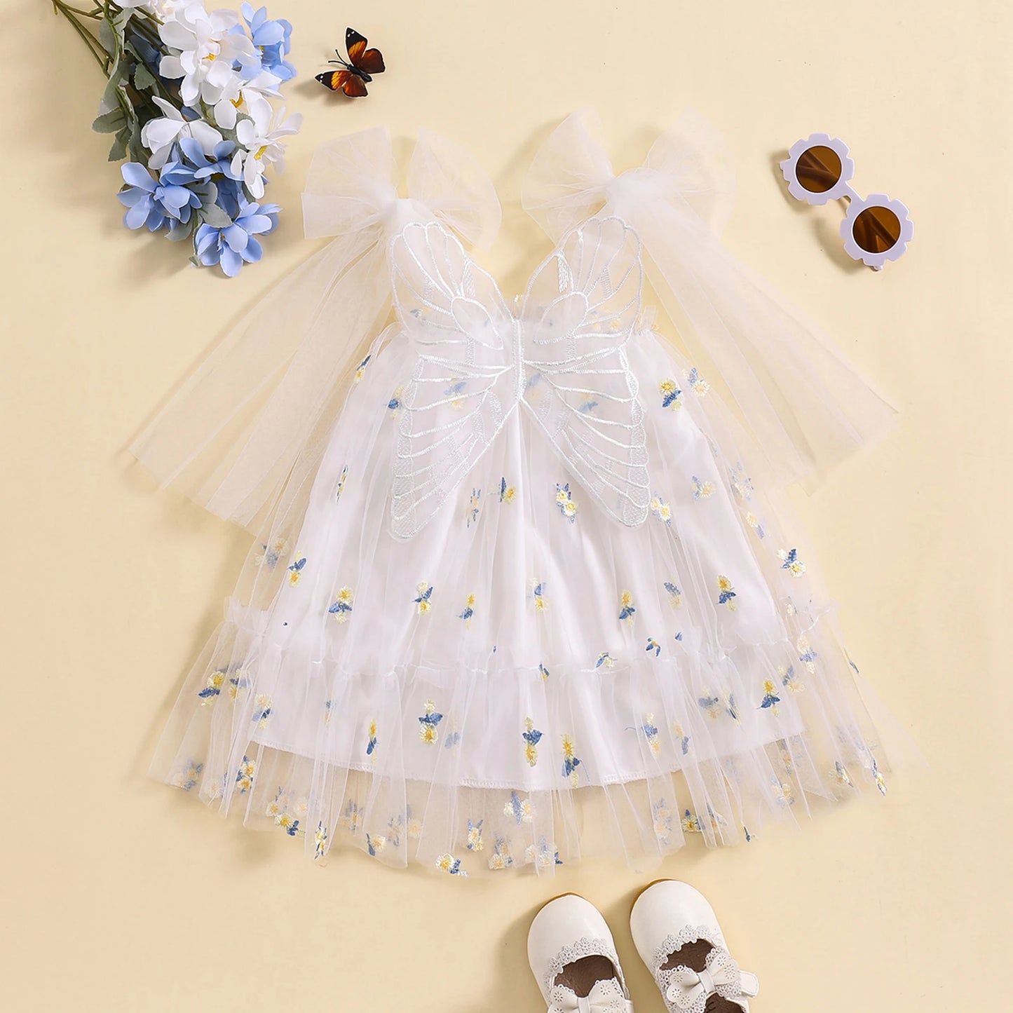 Summer Baby Girls Princess Dress 0-3Y Sleeveless Straps Print Mesh Tulle Sundress with Butterfly Wing