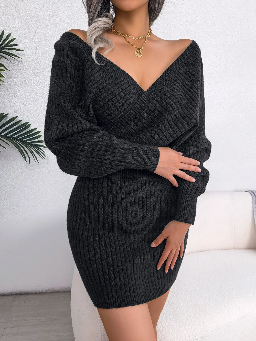 Women's Autumn Winter Cross V Neck Batwing Sleeve Casual Wrap Hip Woollen Dress