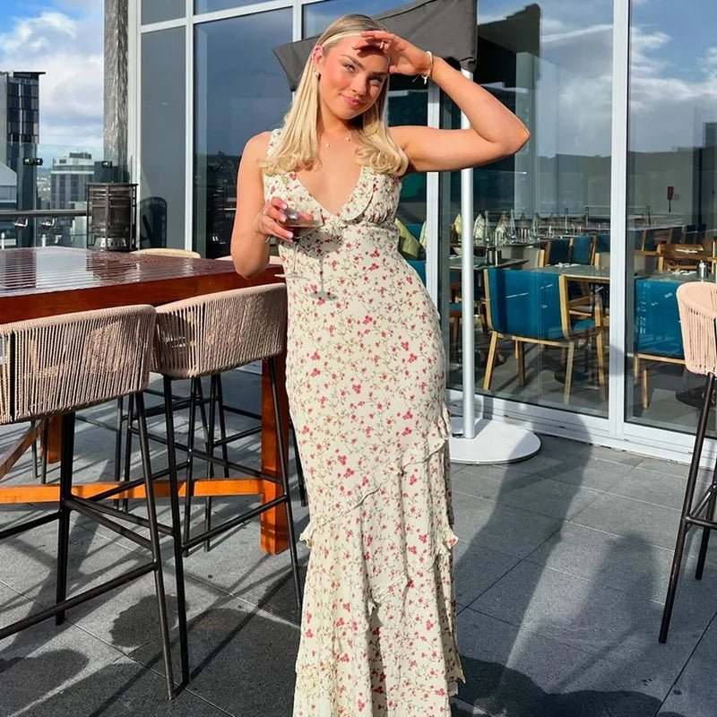 Women's Summer Floral Print Draped V Neck Maxi Ruffled Detail Sun Dress