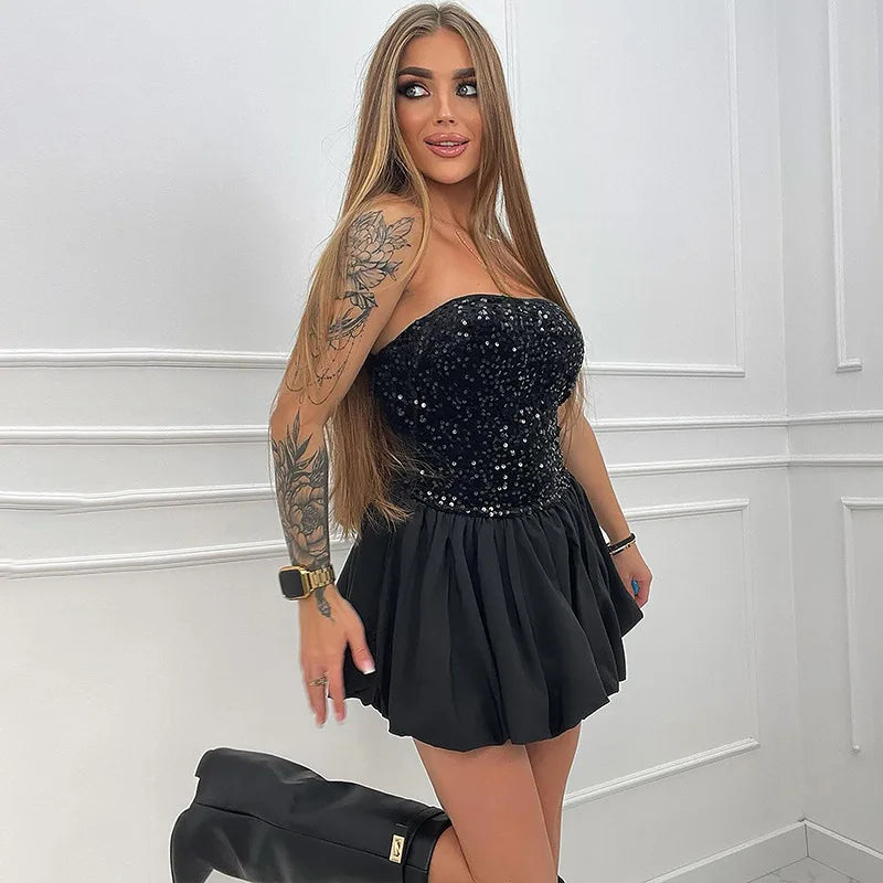 Women's Strapless Sequins Mini One-Shoulder Bodycon Splice Folds Party Club Dress