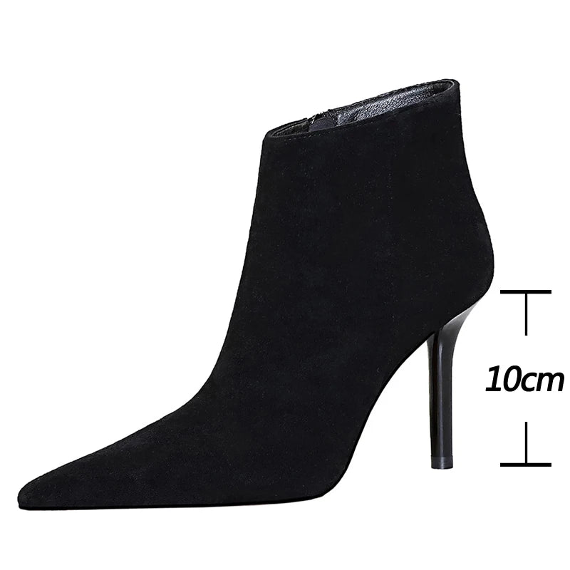 Black Suede Ankle Boots - Pointed Toe Stiletto Heels with Side Zipper