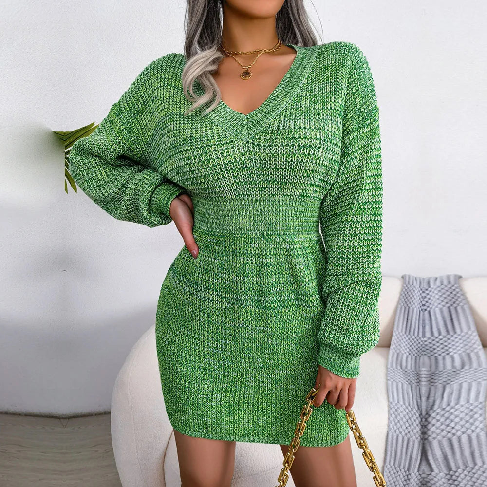Women's Autumn Winter V Neck Lantern Sleeve Nipped High Waist Sweater Chic Knitted Dress
