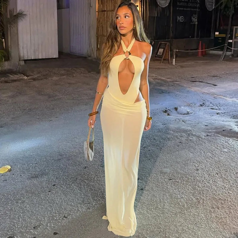 Women's Cut-Out Two Piece Set - Halter Bodysuit & Draped Dress Combo