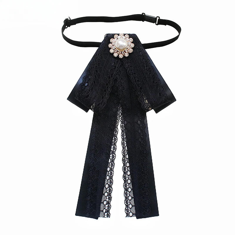 Black Fabric Bow Brooch - College Style Crystal Collar Pin