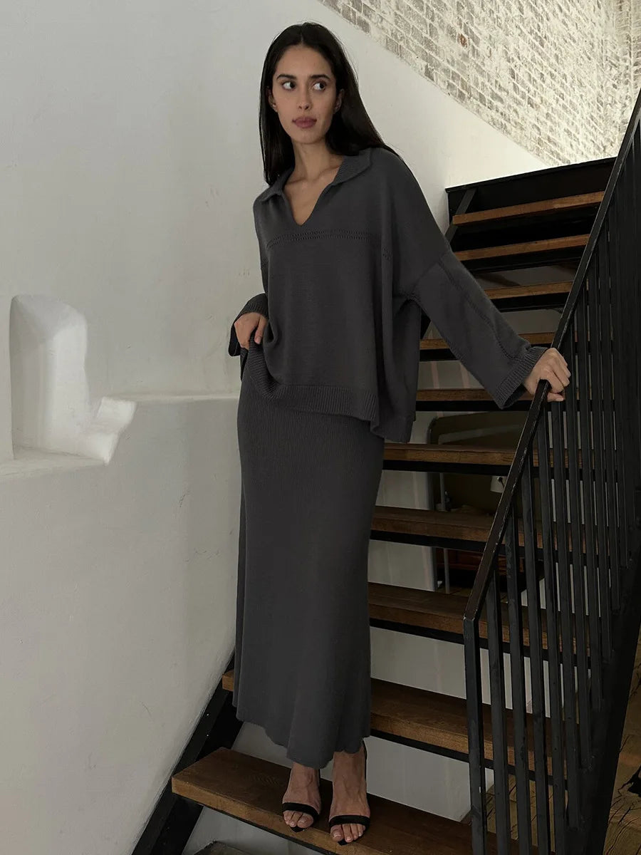 Women's Loose Sweater V-Neck Knit Pullover Top and Long High Waist Skirt 2 Piece Set