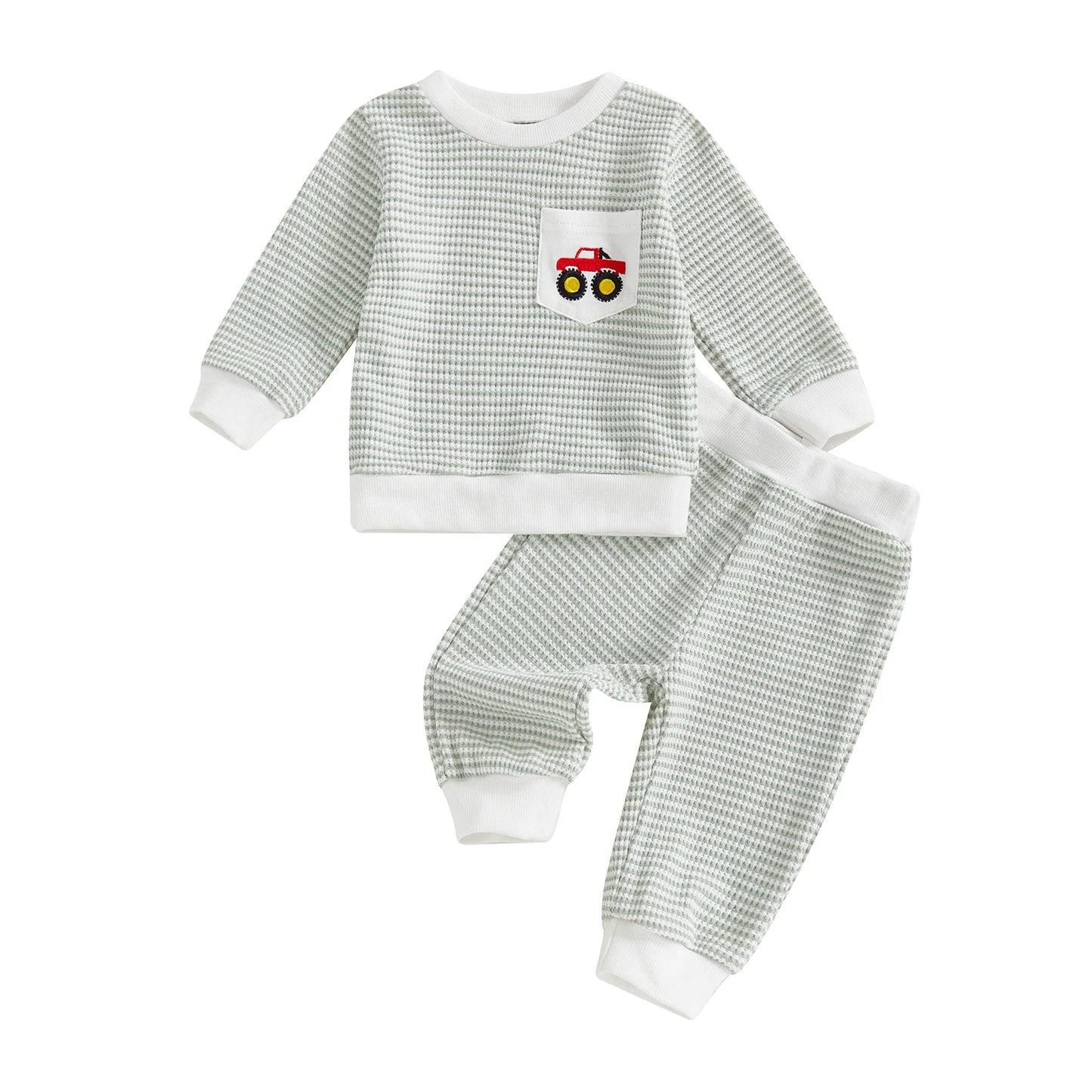Baby Boy's Outfit Set - Duck/Truck Embroidered Striped Sweatshirt & Pants