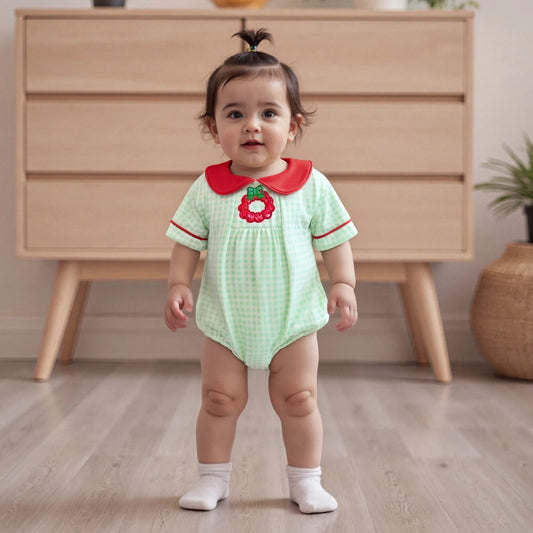 Baby Girls Plaid Romper - Wreath Embroidery Short Sleeve Doll Collar Bubble Jumpsuit