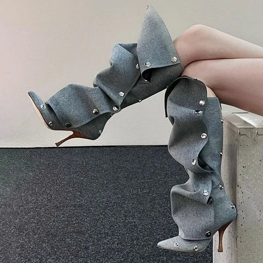 Women's Metal Button Spliced Denim High Heel Boots