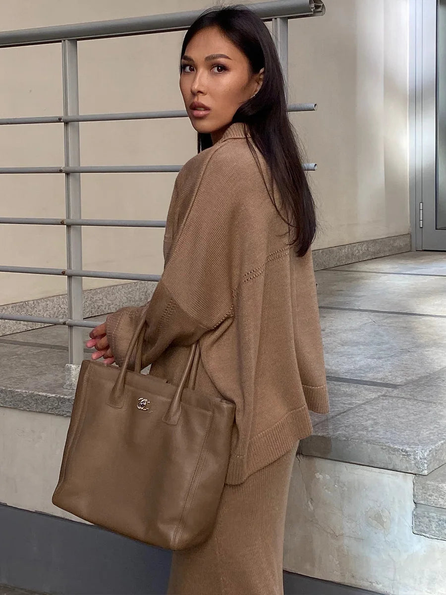 Women's Loose Sweater V-Neck Knit Pullover Top and Long High Waist Skirt 2 Piece Set