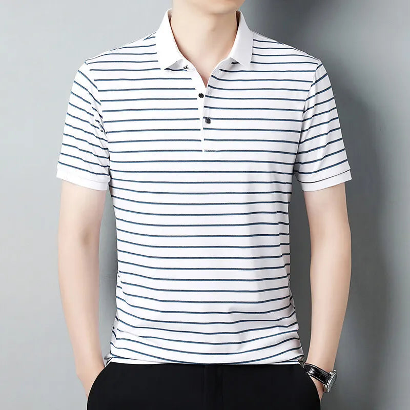 Men's Summer Striped Turn Down Collar Short Sleeve Smart Casual Wrinkle Free T-Shirt