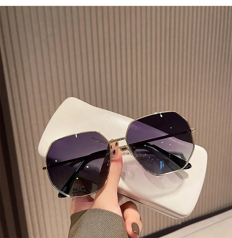 Unisex Transparent Blue Sunglasses - Large Frame Polygonal Metal Eyewear