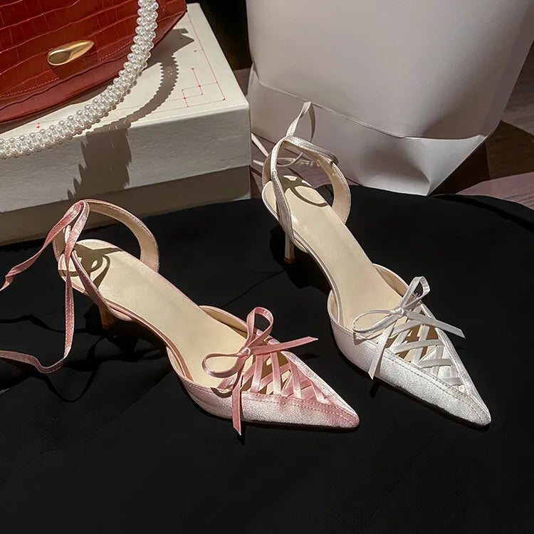 Women's Satin High Heel Sandals Strap 7cm Heel Sandals Bow Pointed Shoes