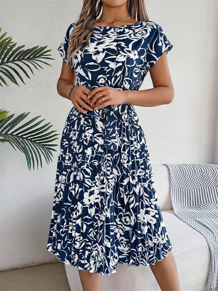 Women's Floral Pleated A Line Long Spring Summer Short Sleeve High Waist Chic Dress
