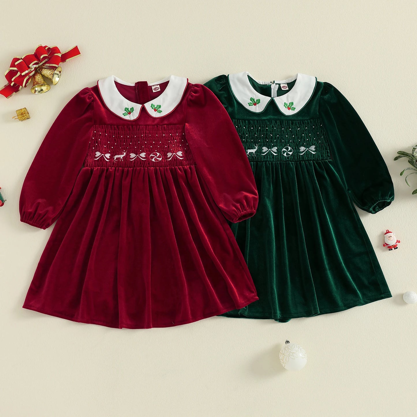 Little Girl's Velvet Christmas Dress - Deer Bow Holly Embroidered Smocked A-Line