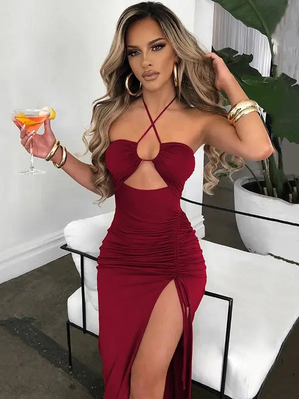 Women's Halter Backless Sleeveless Cut Out Maxi Elegant Party Slit Dress