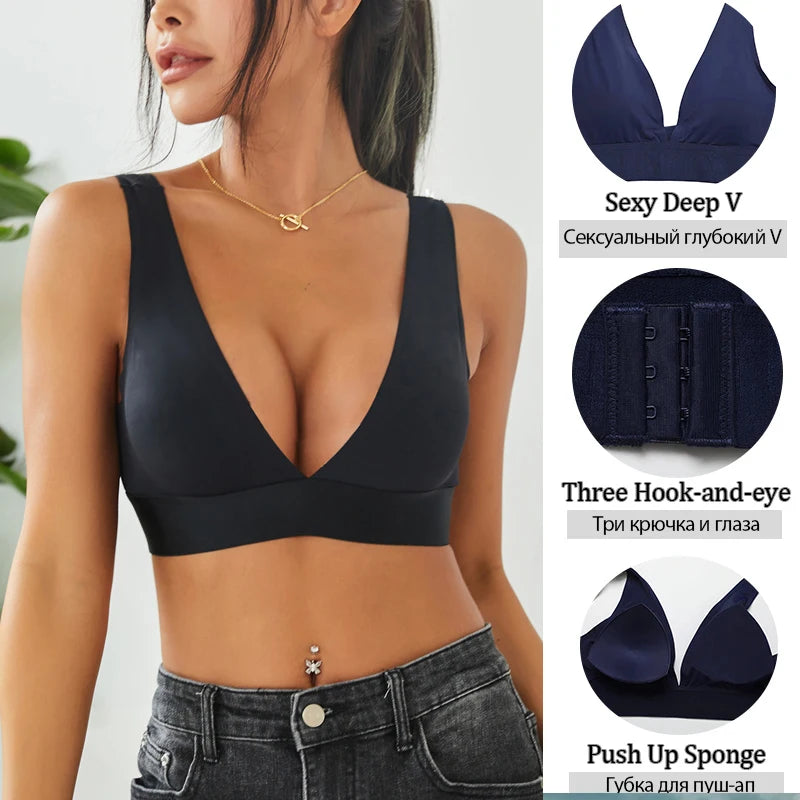 2pcs Deep V Seamless Push Up Padded Bra - Women Wireless Brassieres Top Crotch Lingerie