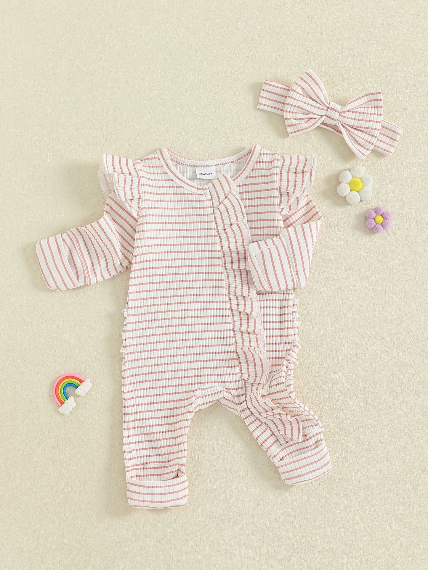 Newborn Baby 2-Piece Romper Outfit Set - Striped Jumpsuit with Headband