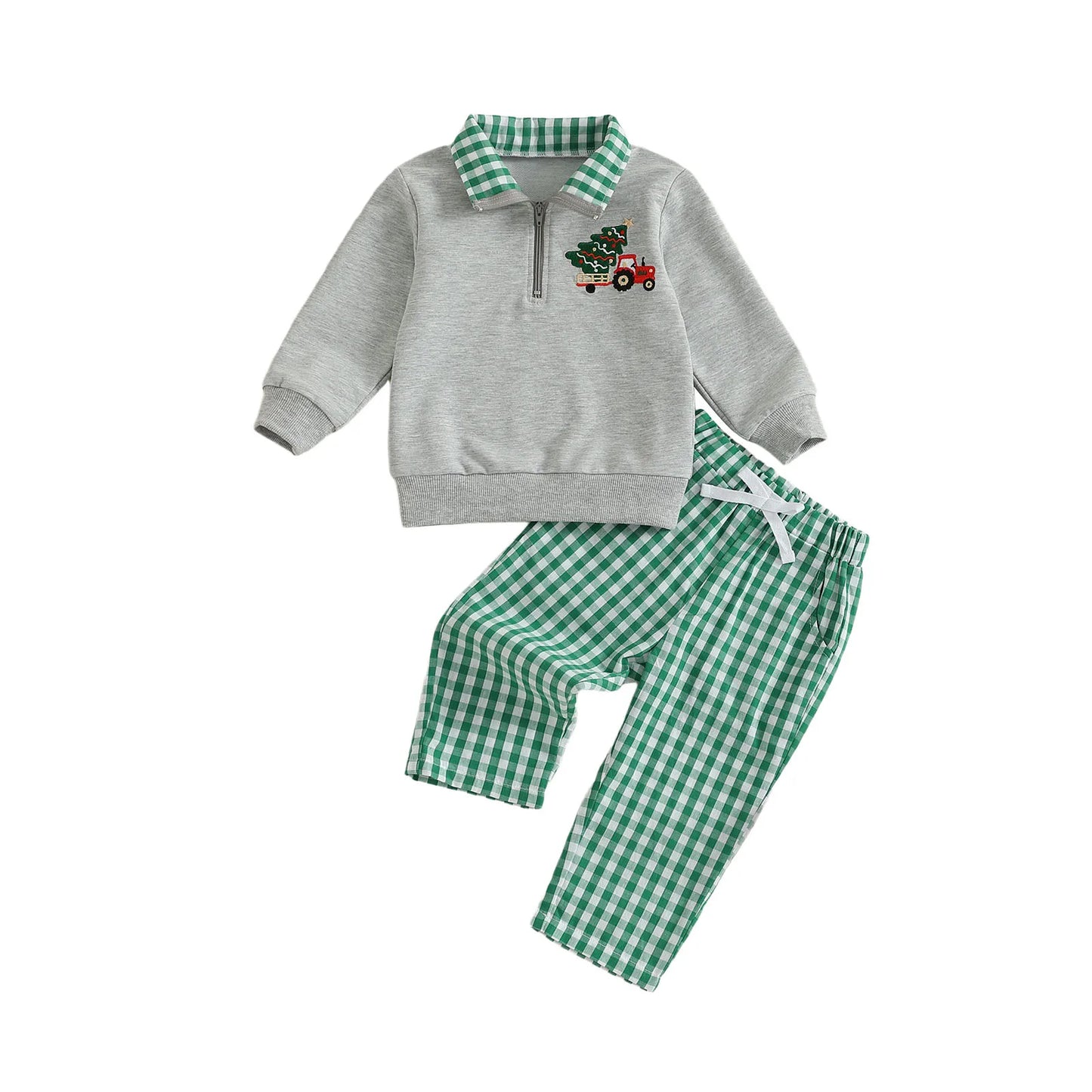 Baby Boys Christmas Clothes Set - Xmas Tree Embroidery Zip Pullover & Plaid Pants
