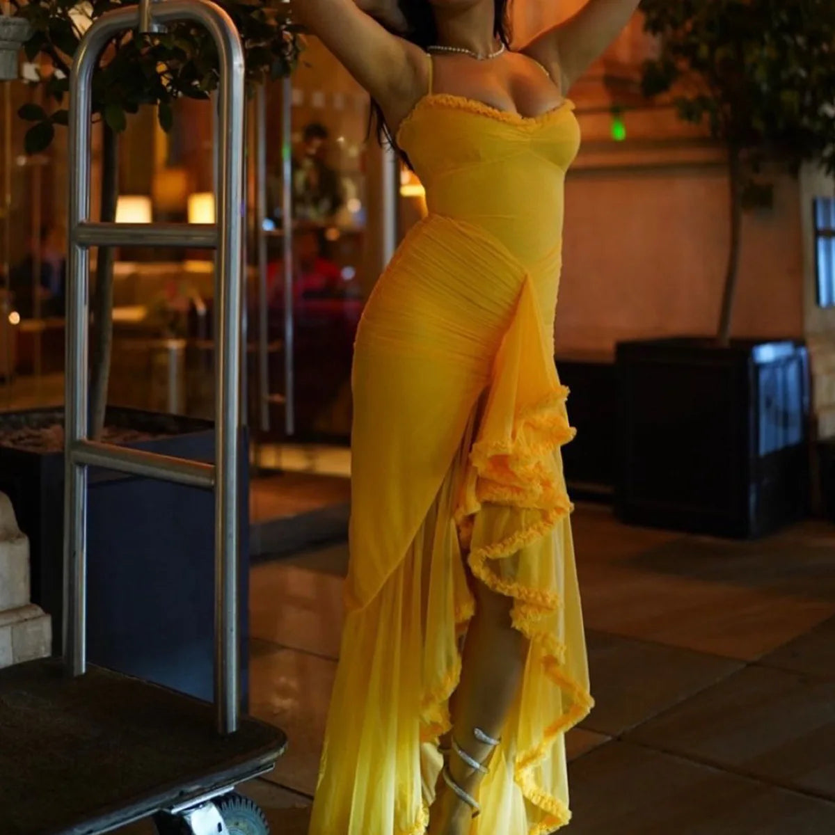 Women's Sheer Mesh Ruffled Front Gown Elegant Draped Prom Cocktail Maxi Dress Solid Fairy Ruched Slip Dress