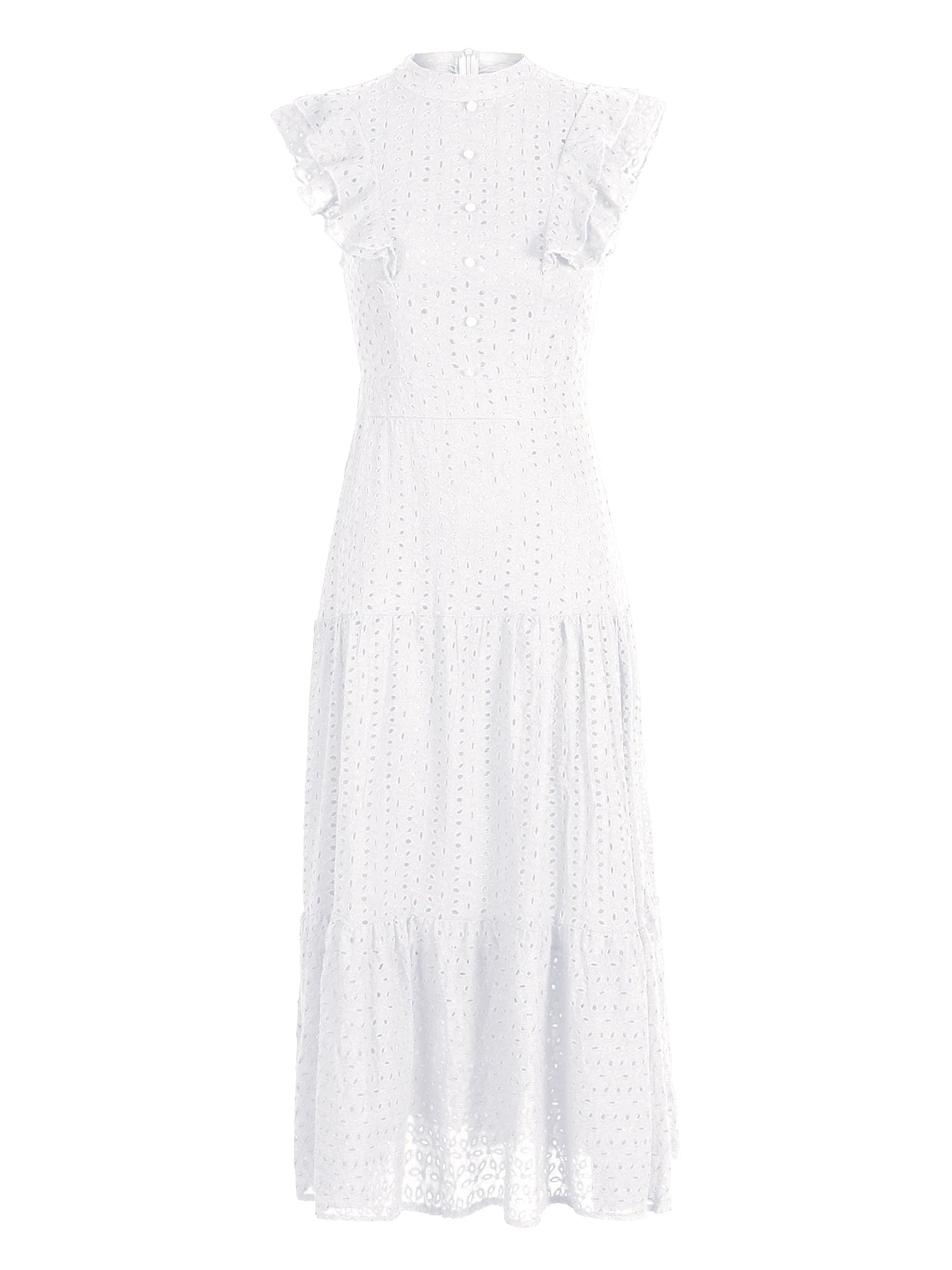 Women's Bohemian Hollow Out Elegant Round Neck Flying Sleeve Button Long Summer Dress