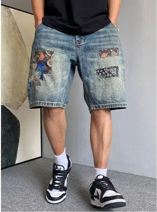Men's Summer American Casual Embroidery Patch Vintage Denim Shorts