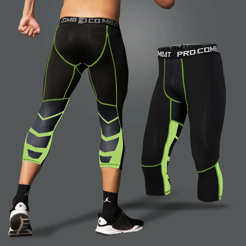 Men's Sports 3/4 Cropped Gym Running Leggings  Elastic Compressions Sweatpant Tights
