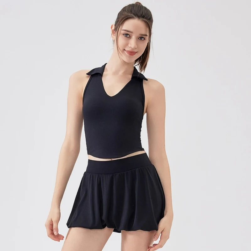 Women's Two Pieces Fitness Yoga Set - Breathable Tennis Skirt and Top Combo