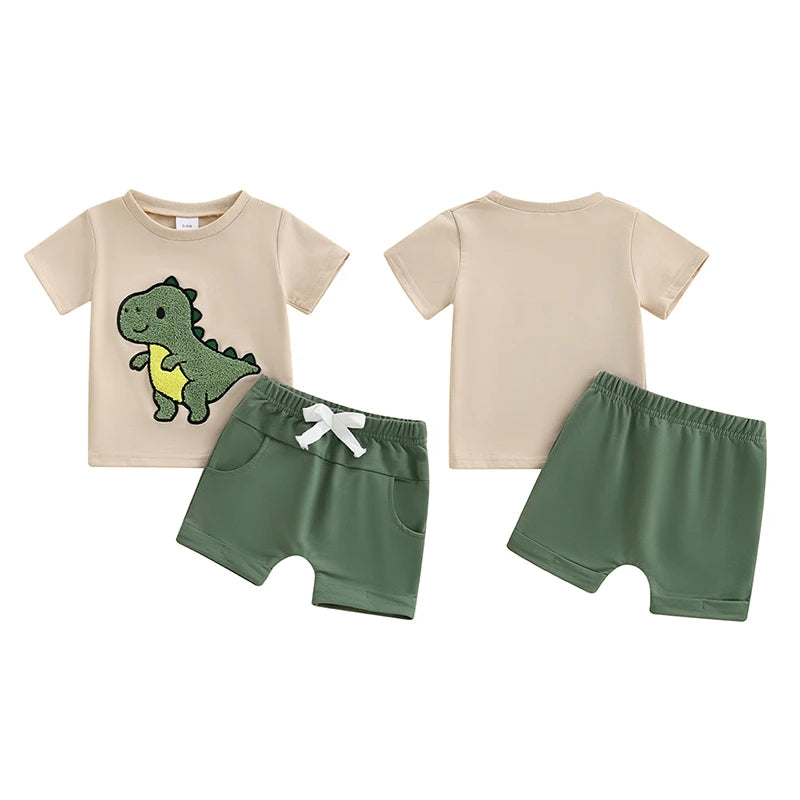 0-3Y Toddler Baby Boys Clothes Set Dinosaur Embroidery Short Sleeve T-shirts Solid Elastic Waist Shorts