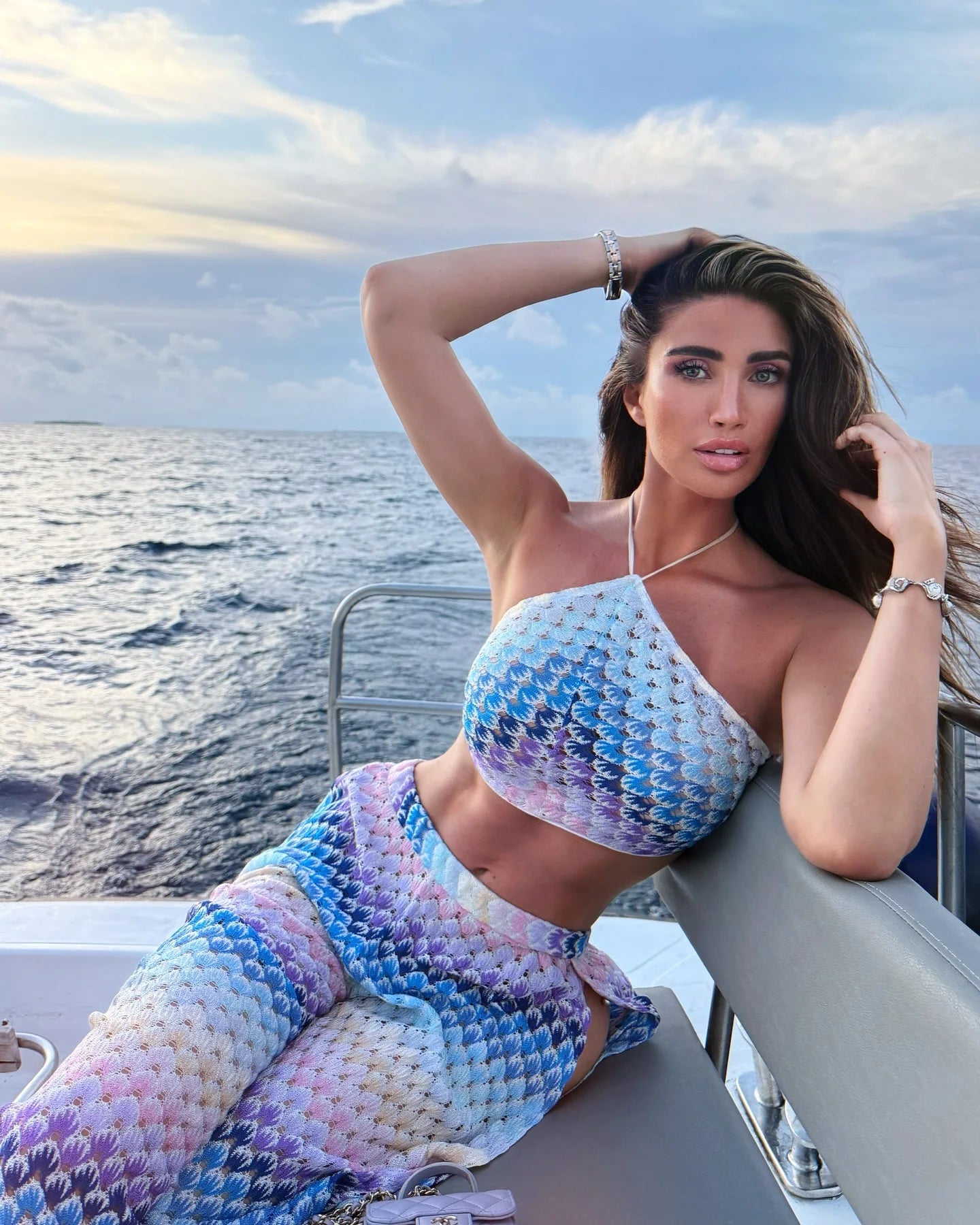 2-Piece Halter Print Set - Tube Top with Mesh Split Pants