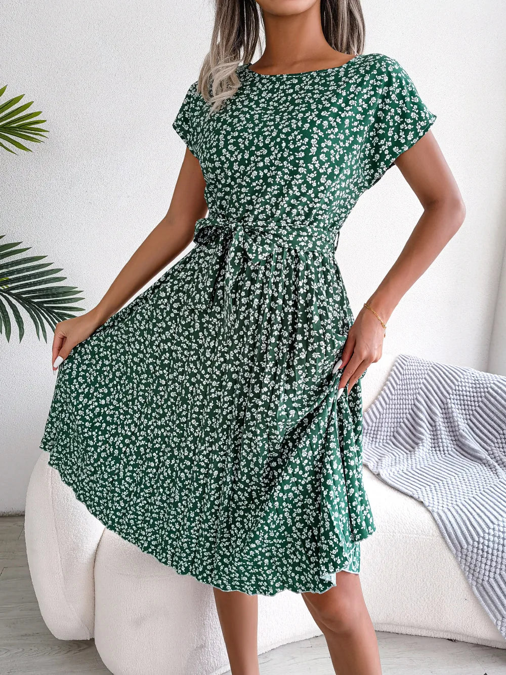 Women's Floral Pleated A Line Long Spring Summer Short Sleeve High Waist Chic Dress