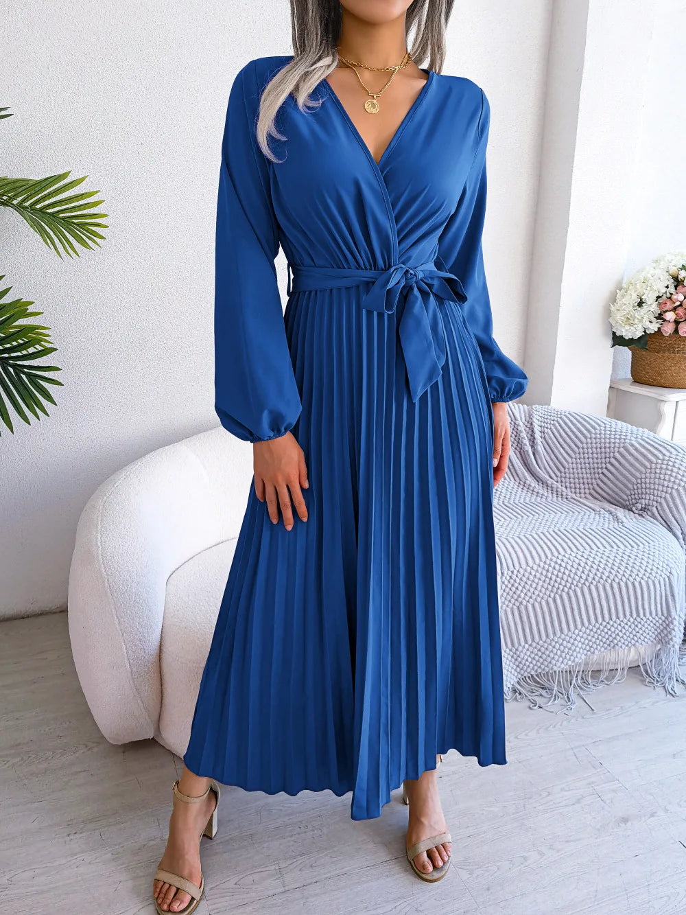 Women's Spring Summer Cross V Neck Large Hem Pleated Long Dress