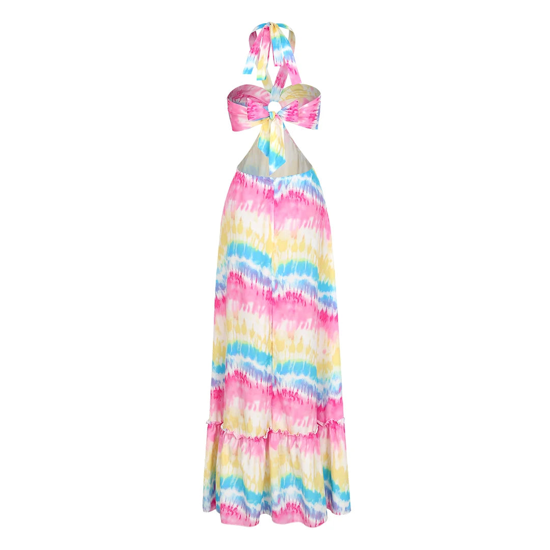 Women's Colourful Print Halter Tie Up Strapless Naked Waist A-line Maxi Summer Dress