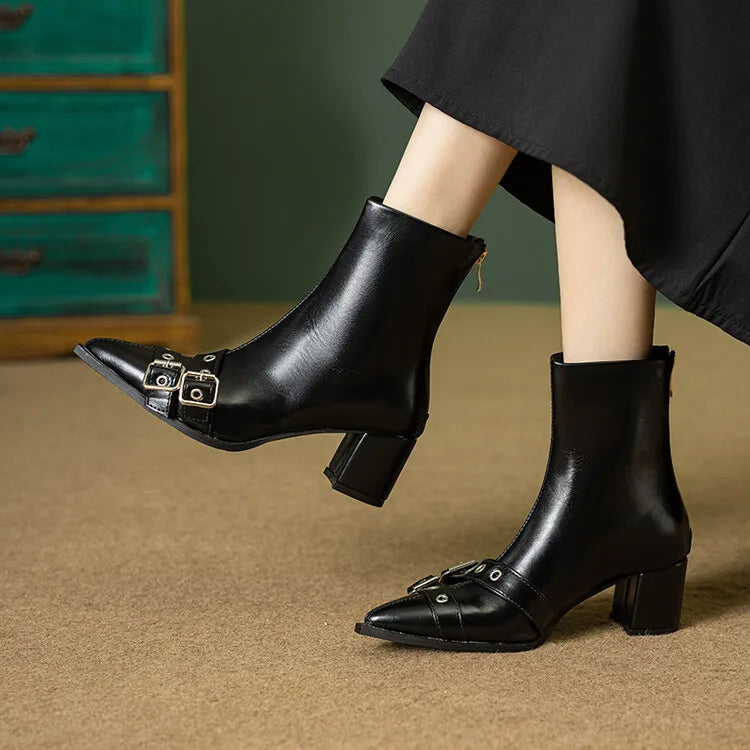 Women's Leather Metal Belt Buckle Short 6cm Square Heel Rivet Boot Back Zipper Boots
