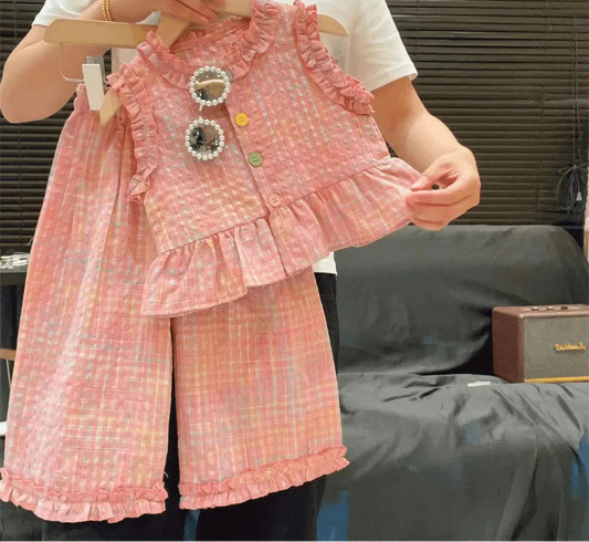 Girls' Pink Summer Outfit Set - Lace Plaid Tank Top with Wide Leg Pants