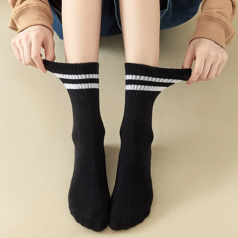 3 Striped Cotton Socks - Unisex Streetwear Casual Knitted Socks