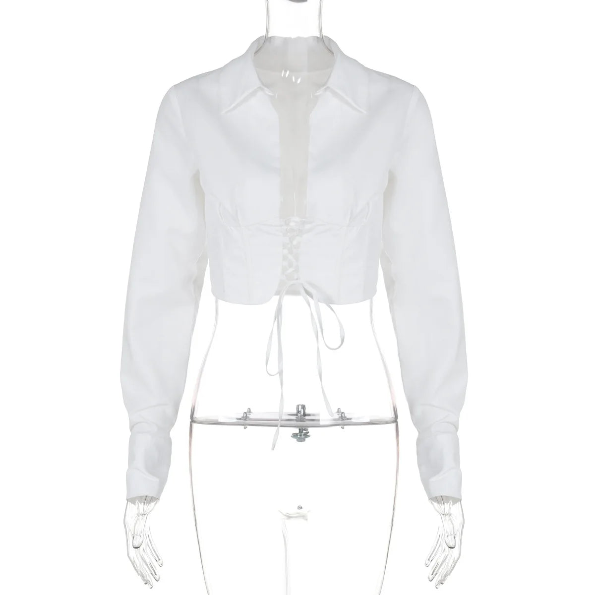 Women's Lace Up White Tie Front Top Shirt Blouse Long Sleeve Cropped Top