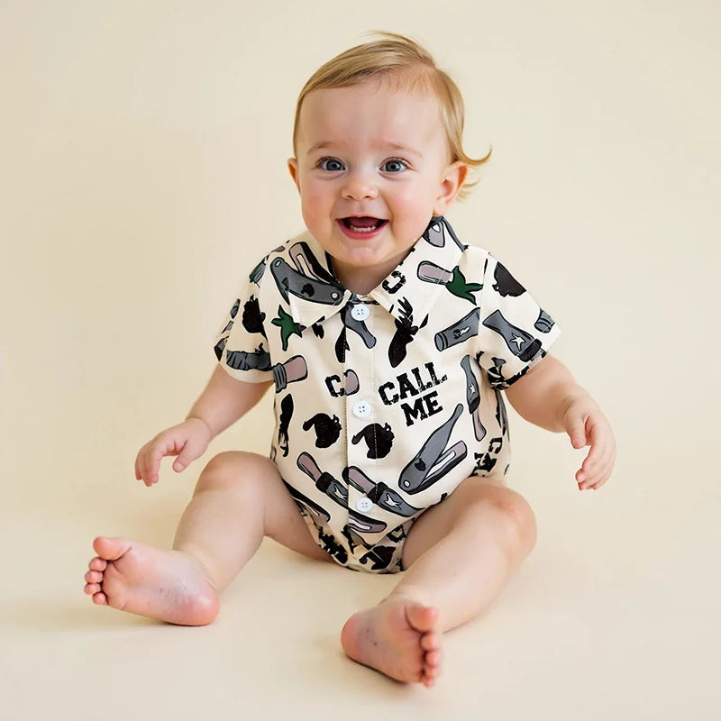 Baby Boys Gentleman Western Romper - Cartoon Print Button-up Bodysuit (0-18M)