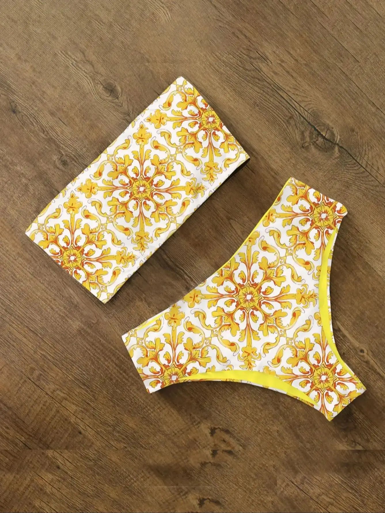 Rhinestone Bandage Bikini Set - High Waist Print Swimwear