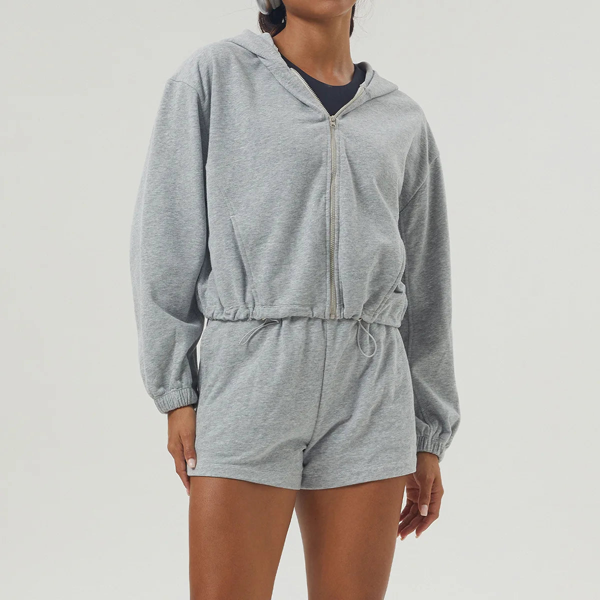 Women's Gym Running Suit Breathable Two Pieces Fitness Yoga Set Long Sleeve Hoodie Shorts Workout Sportswear