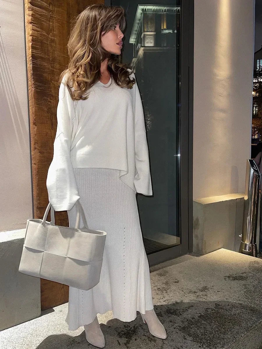 Women's Loose Sweater V-Neck Knit Pullover Top and Long High Waist Skirt 2 Piece Set