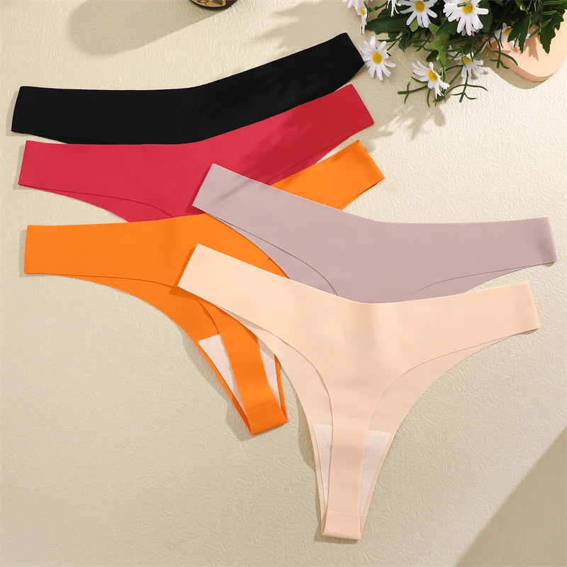 4Pcs Women's Seamless Thongs Breathable Panties Low-Waist Solid Underwear Stretch G-string Invisible T-Back Lingerie
