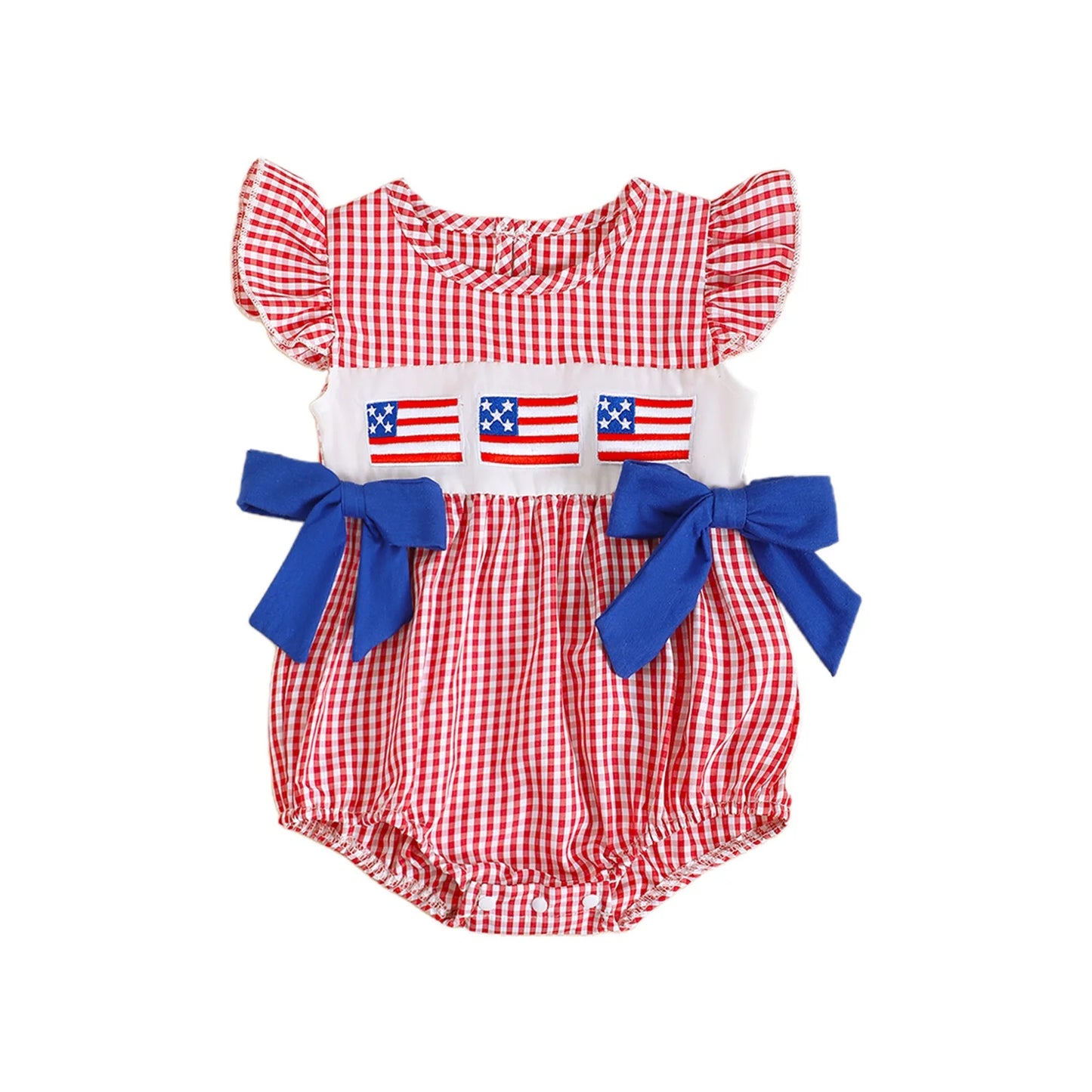 Baby Girls Independence Day Romper - Cute Ruffles Fly Sleeve Plaid Print Jumpsuit (0-18M)