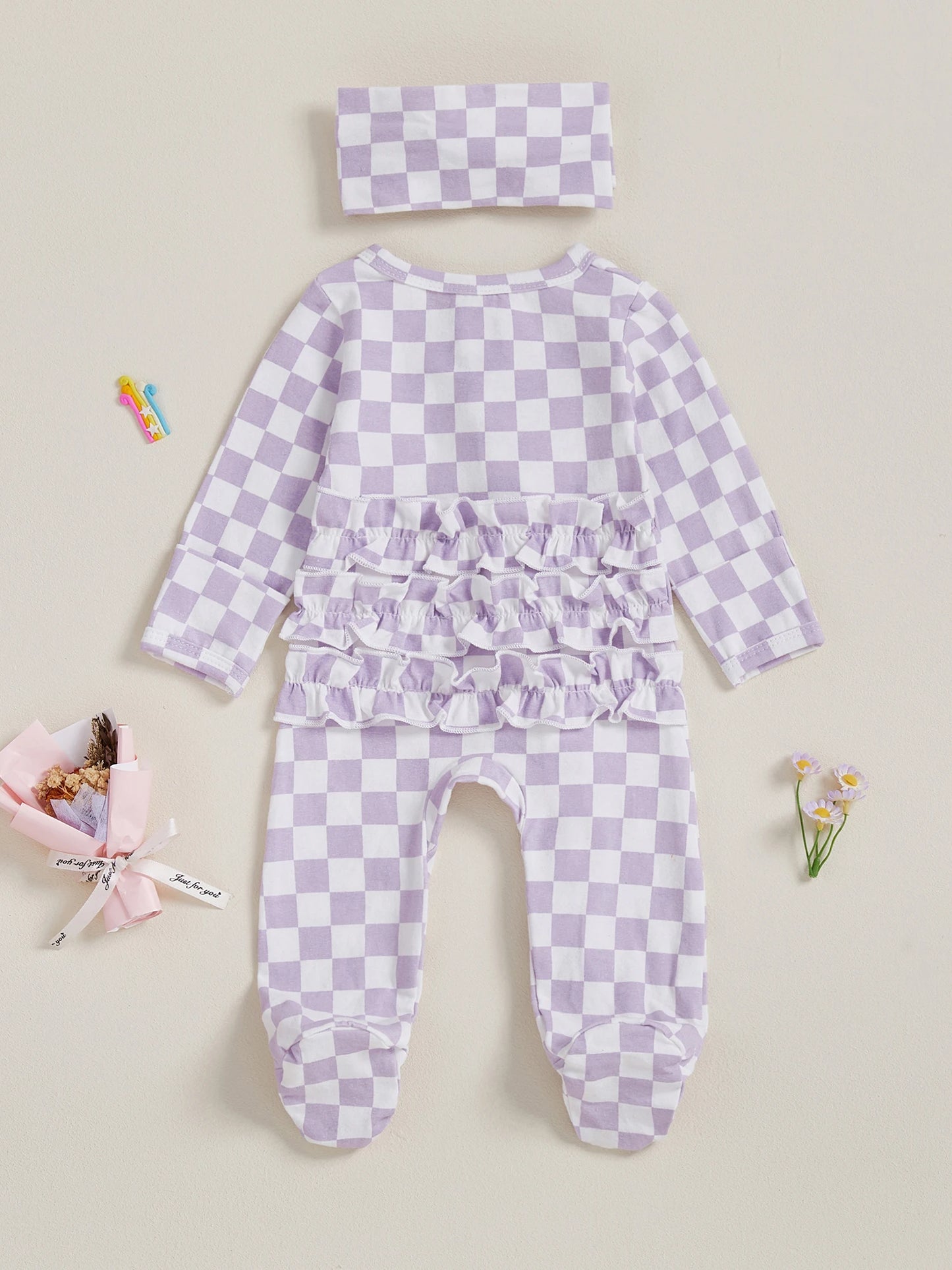 Newborn Baby Footie Set with Headband - Checkerboard Ruffled Zip Front Jumpsuit