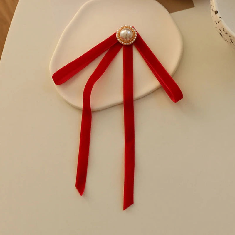 Anime Style Velvet Bow Pearl Brooch - Sweet Academic Pin for Girls