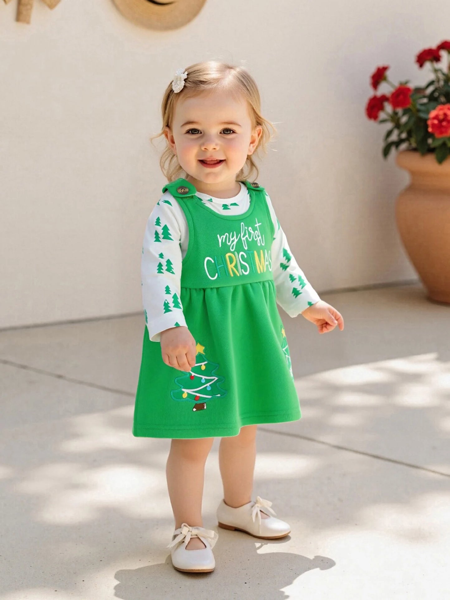 Baby Girls Christmas Clothes Set - Xmas Tree Print Long Sleeve Romper & Letter Embroidery Sleeveless Dress