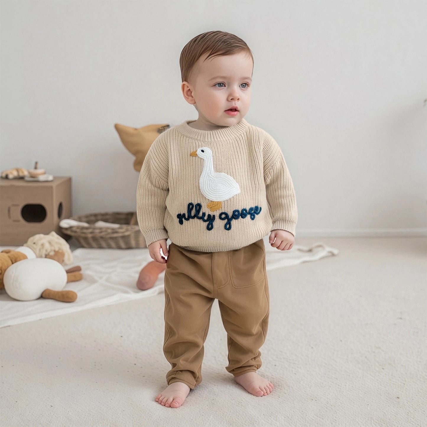 Toddler Baby Goose Sweater - Animal Letter Embroidered Crewneck Chunky Knit
