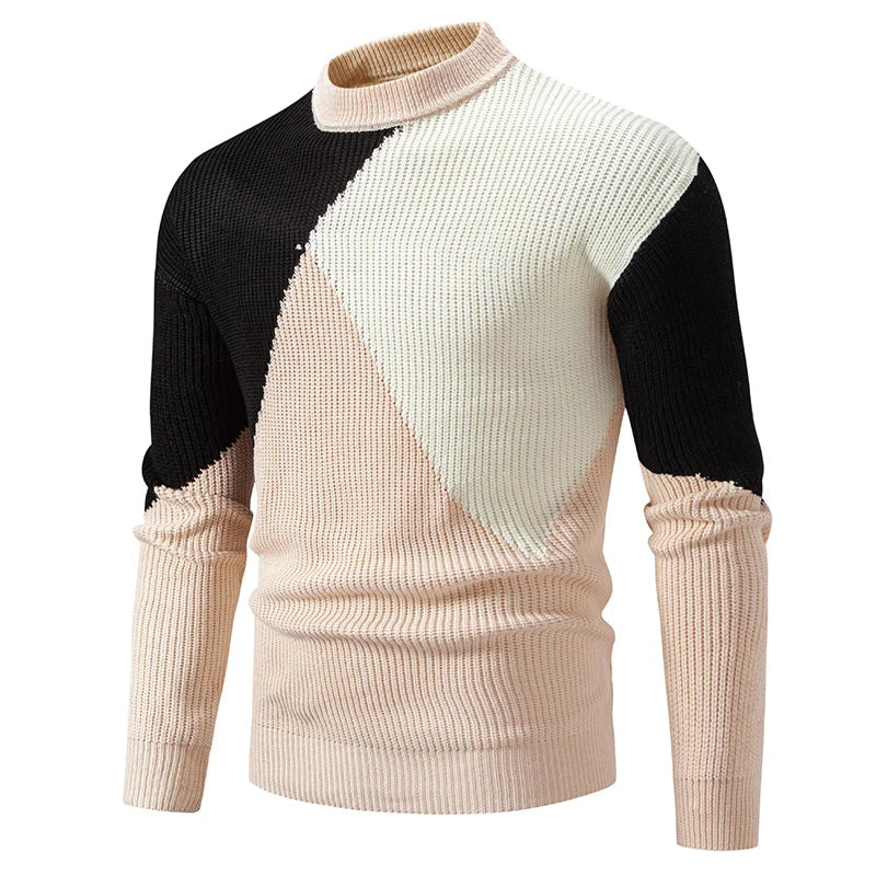 Men's Autumn Winter Mock Neck Patchwork Casual Slim Fit Knitted Pullover Sweater