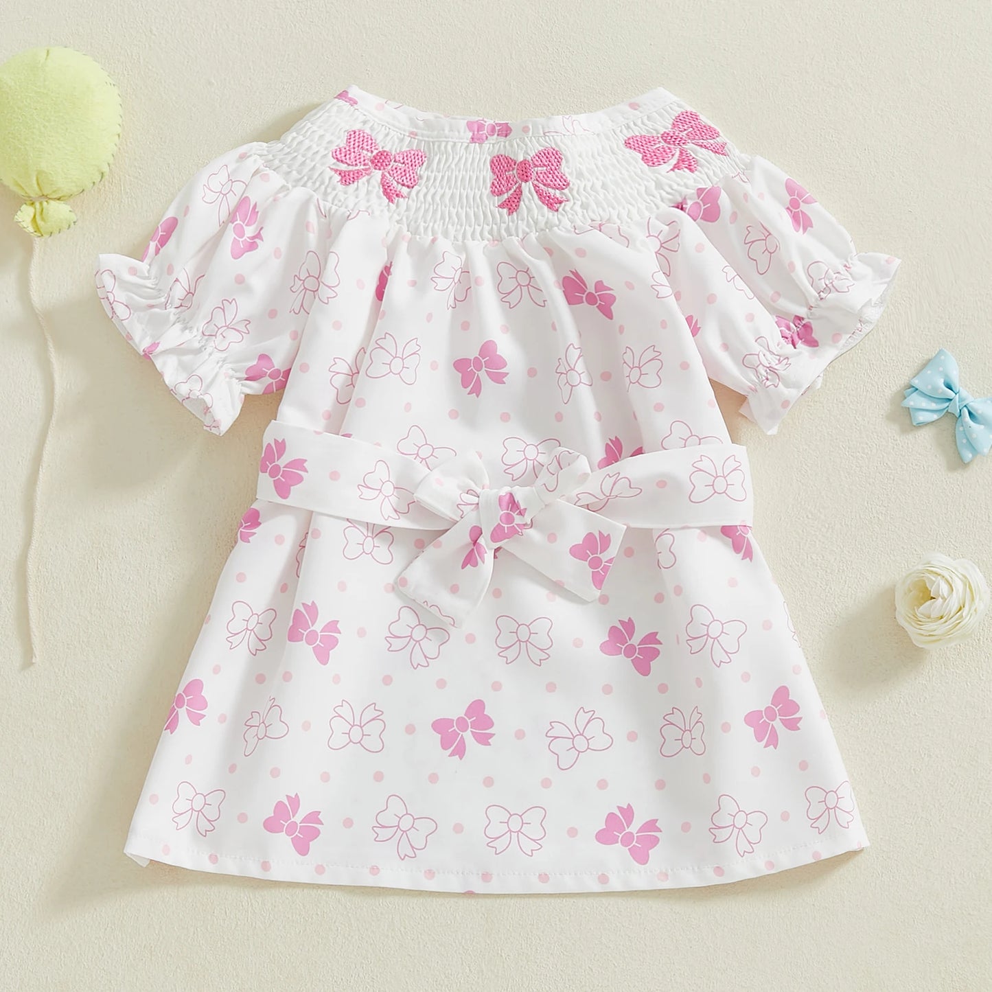 Baby Girls Summer Dress Set - Puff Sleeve Heart & Bow Embroidery with Headband