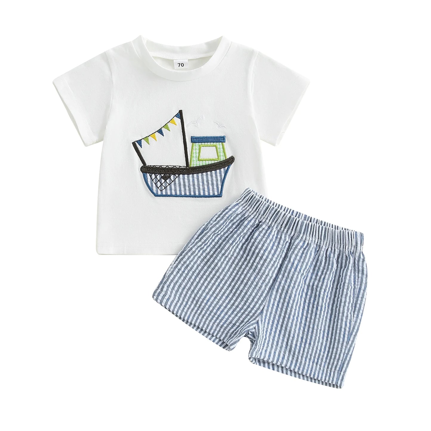0-3Y Casual Kids Boys Clothes Sets Boat Embroidery Short Sleeve T-shirt Striped Elastic Waist Shorts