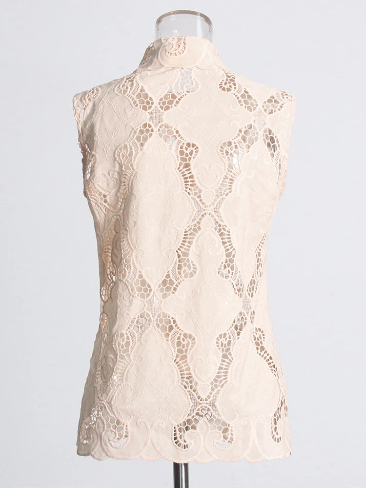 Women's Solid Hollow Out Two Piece Set - Stand Collar Sleeveless Top & Wide Leg Trousers